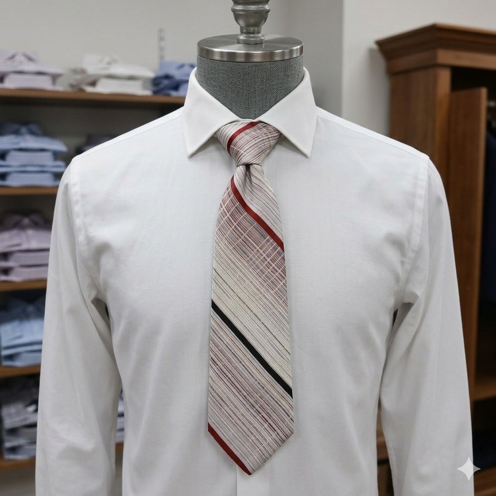 Damon Vintage Mens Tie Grey Burgundy Red Black Striped Plaid Textured Polyester